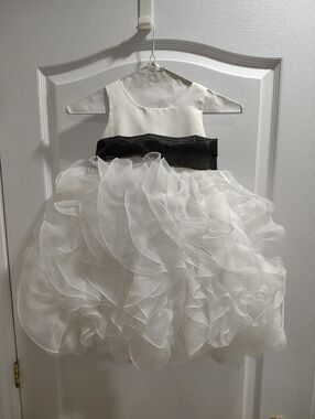 White Ruffled Tulle Flower Girl Dress with Black Sash